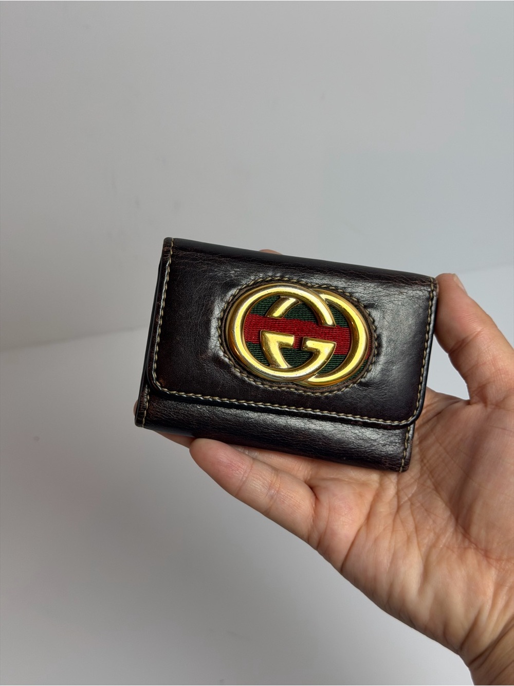Gucci Vintage Interlocking GG Web Stripe Brown Leather Key Holder Case